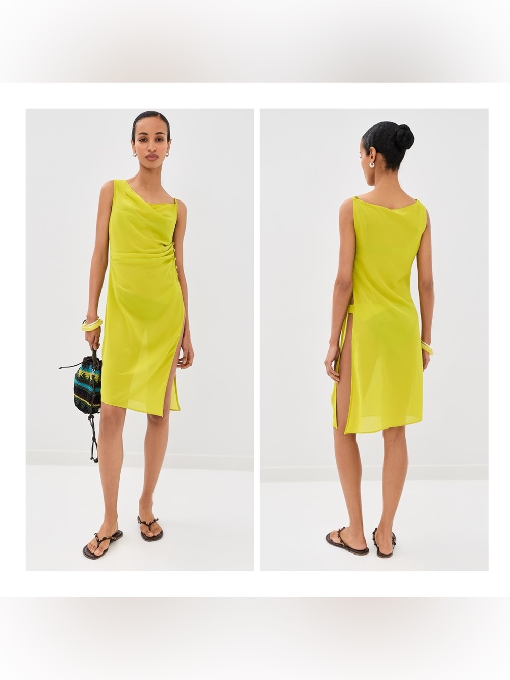 STAUD Astaire Medium Coverup Dress In Citron Lightweight Asymmetrical Draped